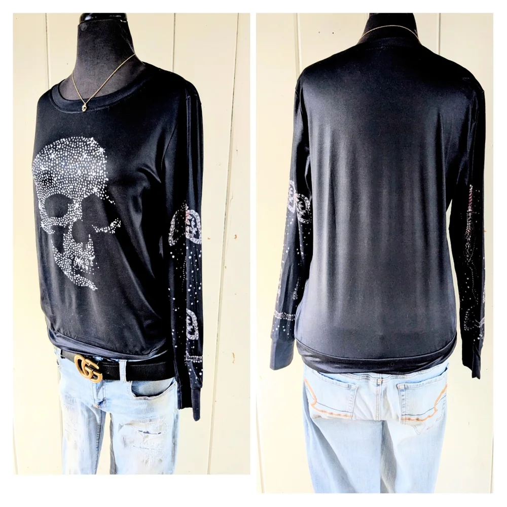 🔴3/$10 Black Skull "Rhinestone" Print Tee NWT sz S - Picture 3 of 7